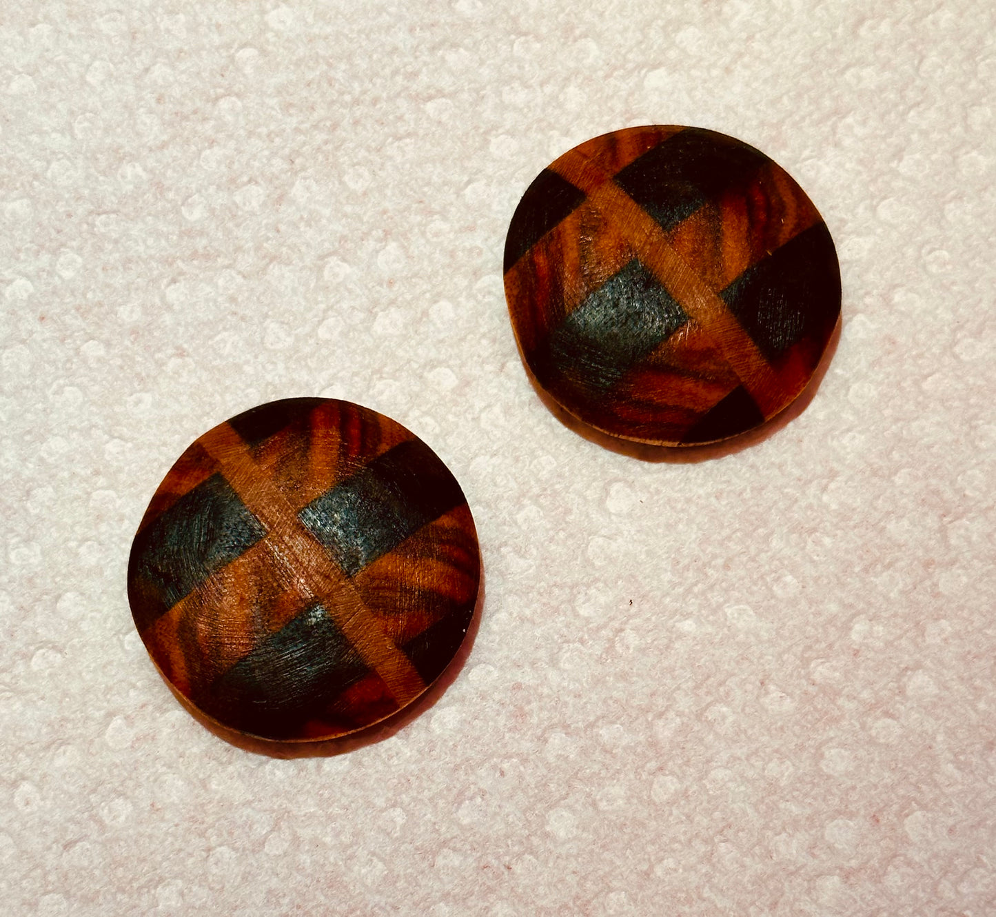 1C. Custom Earrings. Inlaid geometric oval or round earrings.