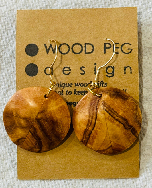 1A. Custom Earrings. Bookmatched Olivewood round earrings.