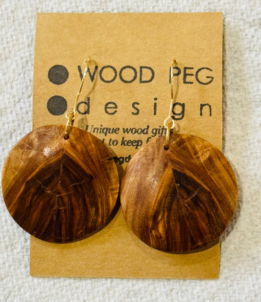 1A. Custom Earrings. Bookmatched Olivewood round earrings.